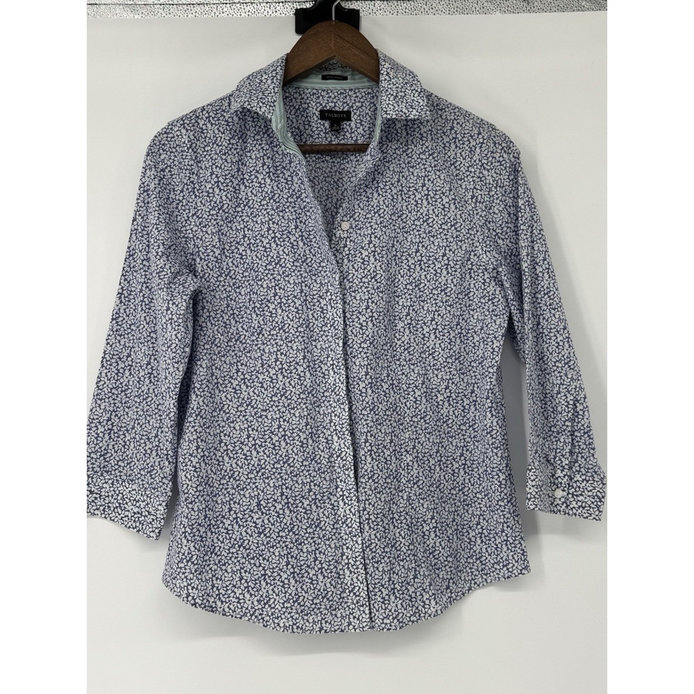 Talbots Shirt Blue Floral Button Down 3/4th Sleeve Collared‎ 6 Career